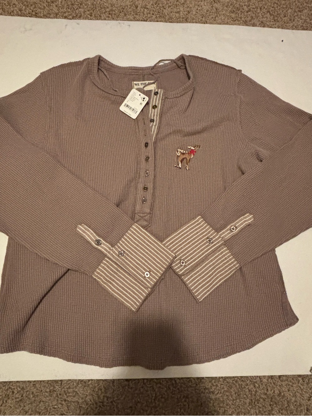 Free people we the free Taupe Waffle Henley Knit Long-Sleeve Pullover